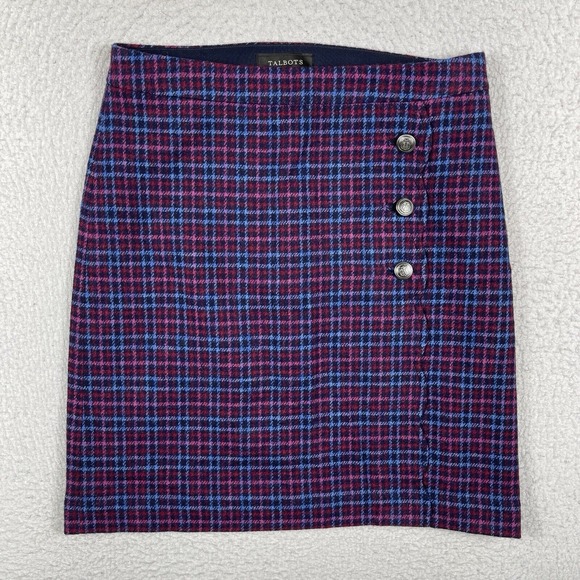Talbots Skirt Womens 4 Blue Purple Plaid Wool Blend Colorful Faux‎ Wrap Career - Picture 1 of 11